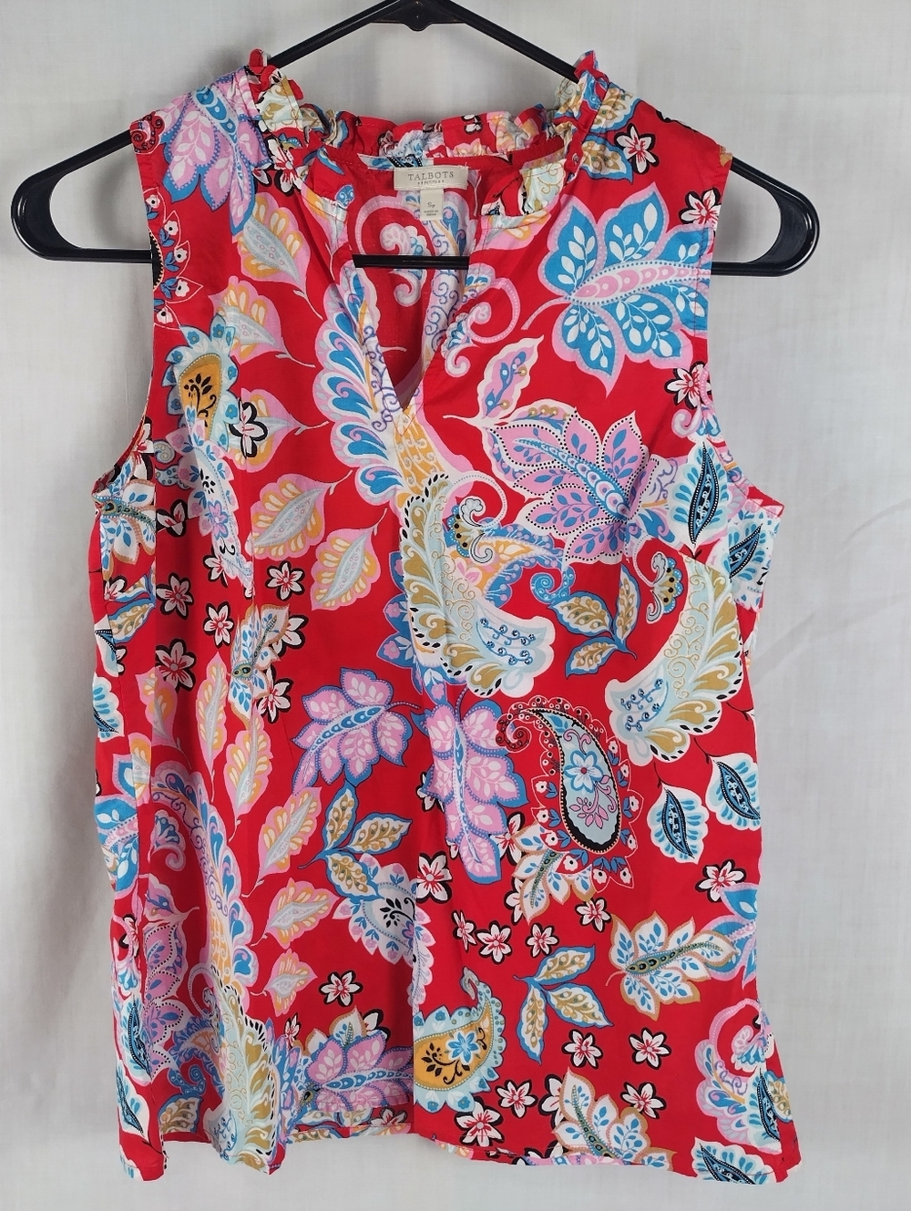Vtg Talbots Womens Sz Small Red Paisley Ruffle Neck Sleeveless Shell Top Blouse - Picture 3 of 6